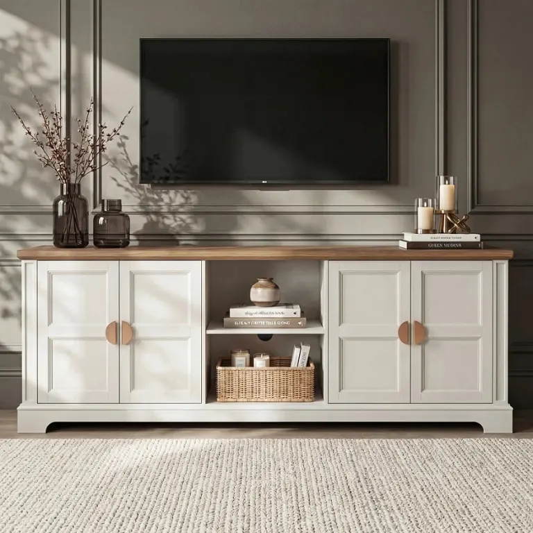 Beyaz TV Ünitesi – İki Yan Dolap, Ortada Açık Raf Bölmesi